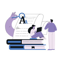 Man and Woman Work with Text Editing and Writing Article on Laptop Vector Illustration