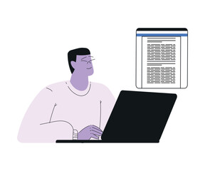 Man Work with Text Editing and Writing Article on Laptop Vector Illustration