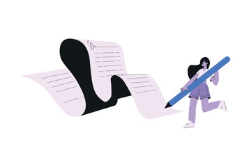 Woman Work with Text Editing and Writing Article with Pen on Paper Vector Illustration