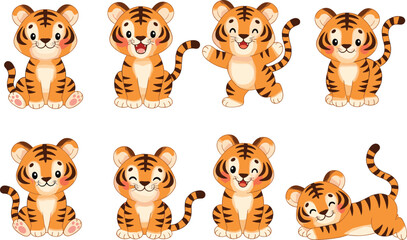 Cartoon baby tiger set, cute jungle animal clipart, playful tiger poses, children’s illustration, vector character design, kids art elements