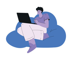 Man Work with Text Editing and Writing Article on Laptop Vector Illustration