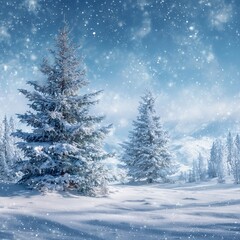 Snowy Winter Landscape with Pine Trees and Falling Snow