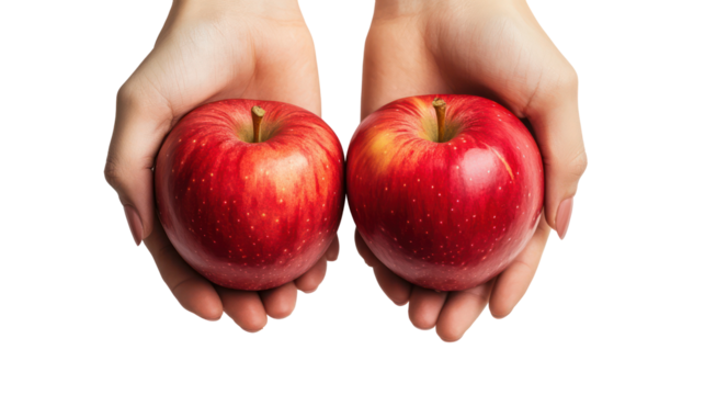 Two red apples held in open hands isolated on transparent background - Powered by Adobe