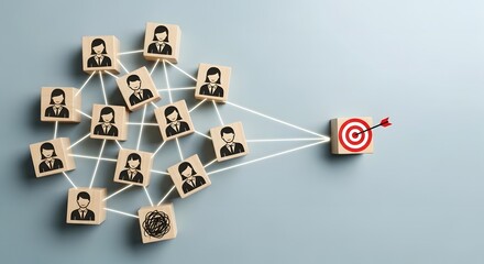 Teamwork and cooperation concept with wooden blocks and target with arrow