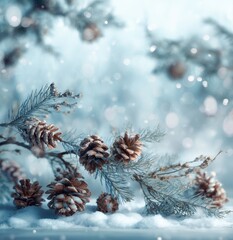 Snowy Pinecones and Pine Branches in Winter Scene