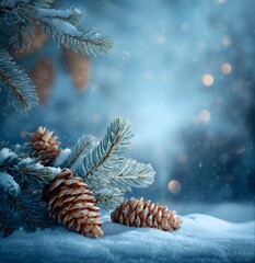 Snowy Pine Cones on a Winter Landscape