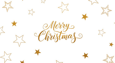 Elegant Merry Christmas greeting card with scattered golden stars on a white background.