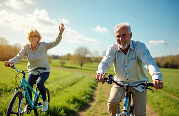 Elderly couple riding bicycles on a dirt path in a green meadow. Happy senior man and woman cycling together outdoors in sunny spring day. Older people enjoy biking in nature.