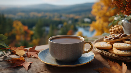 image of a close up of an autumn coffee cup on a table. Fall leaves, plate of fall decorated cookies on the table. outdoor setting with mountains in the distance