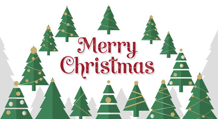 Merry Christmas greeting card with a festive forest of decorated green pine trees.