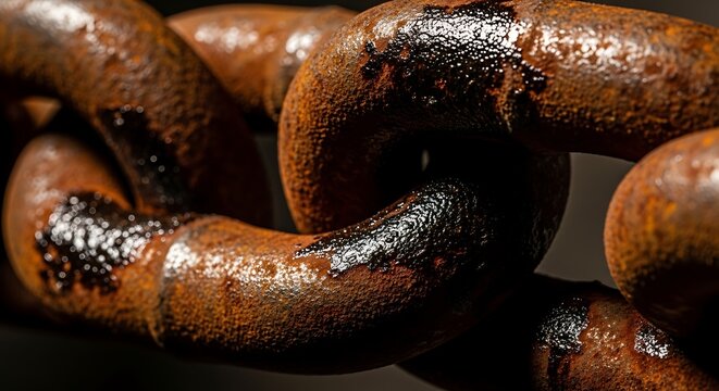 Close up of a thick heavily rusted metal chain with a textured surface and dark shadows