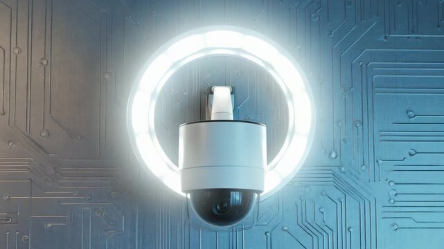 Modern Dome Security Camera on White Base Against Blue Circuit Board Wall, Symbolizing Surveillance, Safety, and Technology