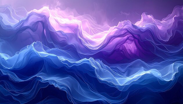 Ethereal, flowing abstract waves of translucent blue and violet hues, creating a dreamy, undulating landscape effect - Powered by Adobe