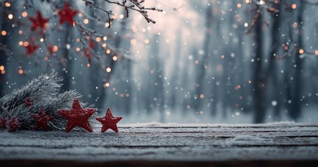 Winter Holiday Decorations with Red Stars and Snow