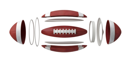Exploded American Football Ball Vector – Detailed 3D Sports Equipment Layers Design Isolated on Transparent Background