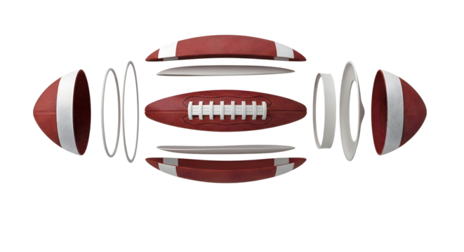 Exploded American Football Ball Vector – Detailed 3D Sports Equipment Layers Design Isolated on Transparent Background