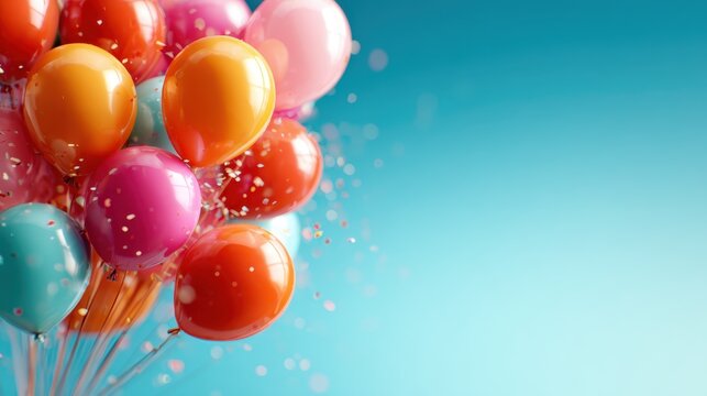 This joyful image features a collection of colorful balloons against a vibrant blue backdrop, celebrating festivity, fun, and the spirit of joy and celebration.