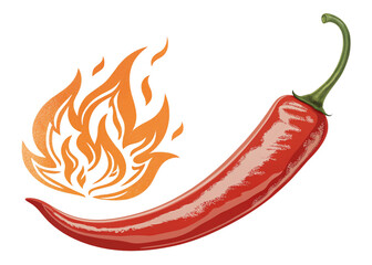 Spicy hot chili pepper with stylized orange flame, symbolizing hot and spicy food, heat, and fiery flavor. Isolated on white background. Perfect for food, restaurant, or spice concepts. PNG