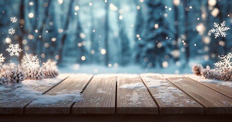 Snowy Winter Landscape with Wooden Table and Snowflakes