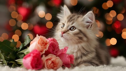 Cute fluffy kitten with roses in festive setting