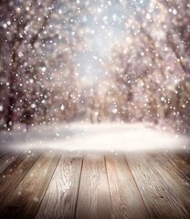 Winter Landscape with Snowfall and Wooden Floor