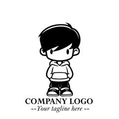 Black and White Chibi Boy Illustration with Jacket and Boots in Bold Thick Line Art Minimal Style