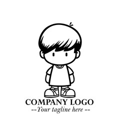 Black and White Chibi Boy Illustration with Jacket and Boots in Bold Thick Line Art Minimal Style