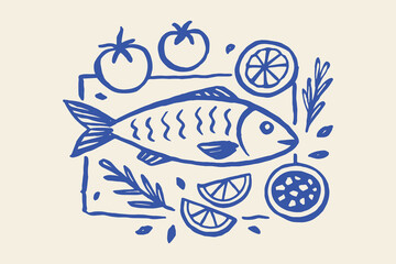 Fish with lemon, herbs and tomatoes, naive sketch vector illustration	