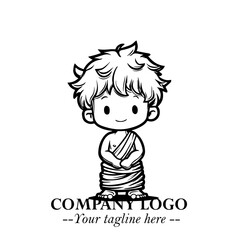 Black and White Chibi Boy Illustration with Jacket and Boots in Bold Thick Line Art Minimal Style