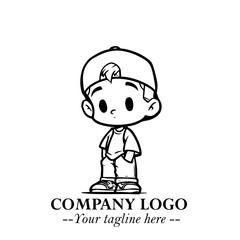 Black and White Chibi Boy Illustration with Jacket and Boots in Bold Thick Line Art Minimal Style