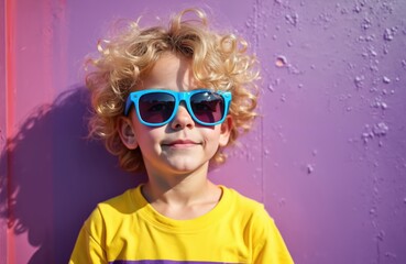 Cute boy with curly blond hair wears blue sunglasses. Smiles standing near vibrant purple wall. Confident child in yellow t-shirt poses outdoors on sunny summer day. Cool kid enjoys warm weather