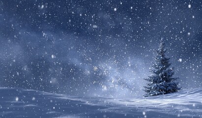 Snowy Landscape with Isolated Christmas Tree