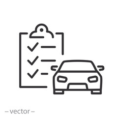 vehicle status icon, car inspection checklist, auto clipboard, thin line symbol on white background - editable stroke vector illustration eps10