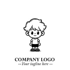 Black and White Chibi Boy Illustration with Jacket and Boots in Bold Thick Line Art Minimal Style