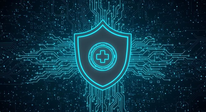 Shield with cross on digital background representing healthcare cybersecurity