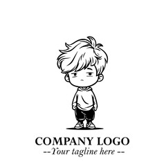 Black and White Chibi Boy Illustration with Jacket and Boots in Bold Thick Line Art Minimal Style