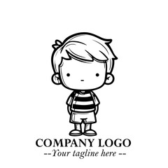 Black and White Chibi Boy Illustration with Jacket and Boots in Bold Thick Line Art Minimal Style