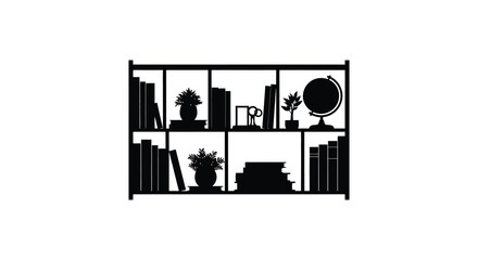 Silhouette of a modern bookshelf filled with books plants and a globe against a white background