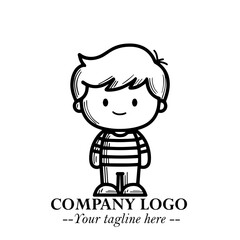 Black and White Chibi Boy Illustration with Jacket and Boots in Bold Thick Line Art Minimal Style