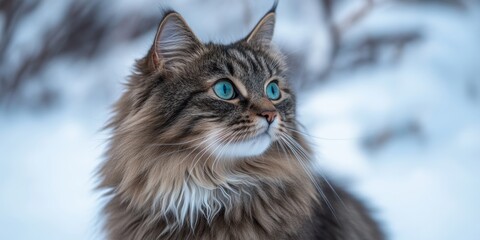 Elegant Norwegian Forest Cat with Striking Blue Eyes and Fluffy Fur in a Beautiful Winter Scene