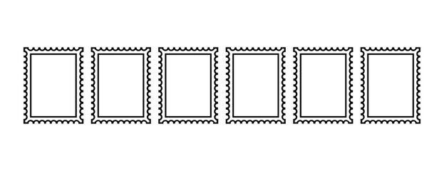 Row of seven identical empty postage stamp frames with perforated edges, isolated on a