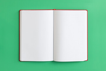 Overhead view blank open page book on green background.