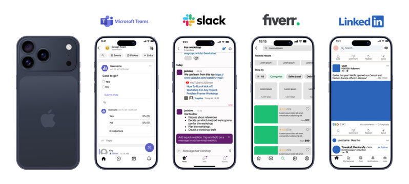 LinkedIn and Business Apps Mockup &ndash; LinkedIn, Fiverr, Slack, and Microsoft Teams UI on iPhone 17 pro max Display for Professional Communication and Work Collaboration