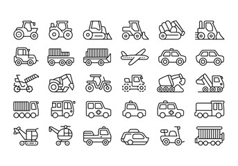 Collection of various transportation and construction vehicle icons, including tractors, excavators, trucks, cars, and emergency vehicles