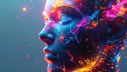 Ethereal, glowing, robotic face with vibrant pink, blue and orange lights. High detail, futuristic feel, against blue gradient background