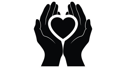 Two open black hands cupping a white heart symbol symbolizing love care and protection against a white background