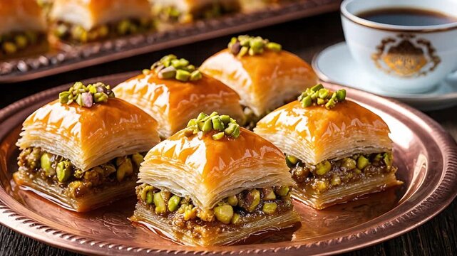 Sweet baklava pastries filled with pistachios and drenched in syrup, served with a cup of traditional black coffee