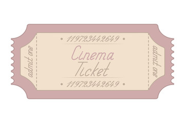 Cinema. Pink ticket admit one. Handwritten cursive lettering with a capital letter. Color vector illustration. Tear-off ticket with a number. Isolated on white background. Flat style. 