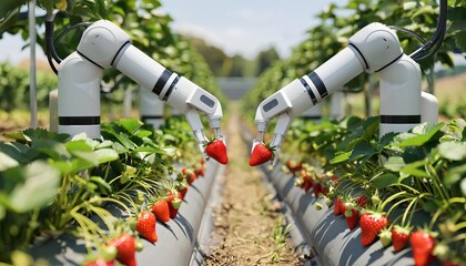 Robotic hands harvest strawberries