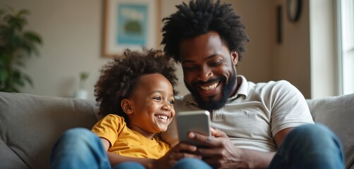Father and son laugh while watching phone together on sofa. Family bonding time using mobile for entertainment or learning at home. Happy dad shares digital device with child.